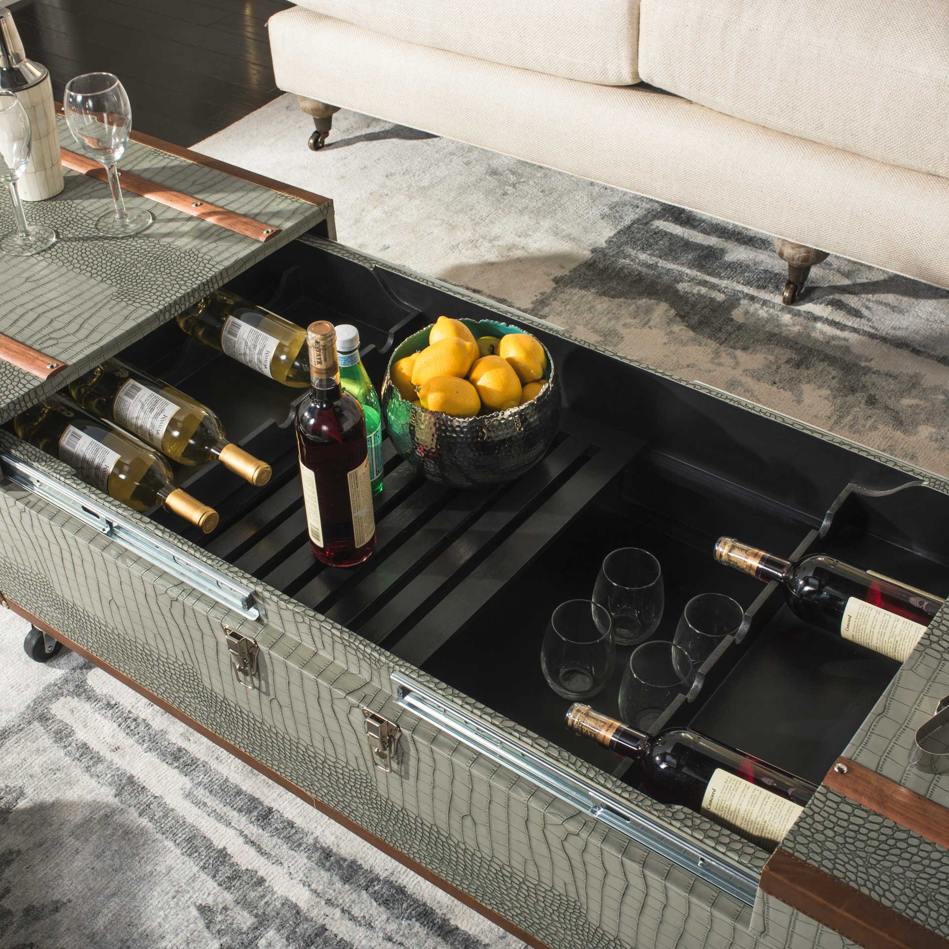 Zoey Coffee Table Storage Trunk With Wine Rack Gray - Image 11