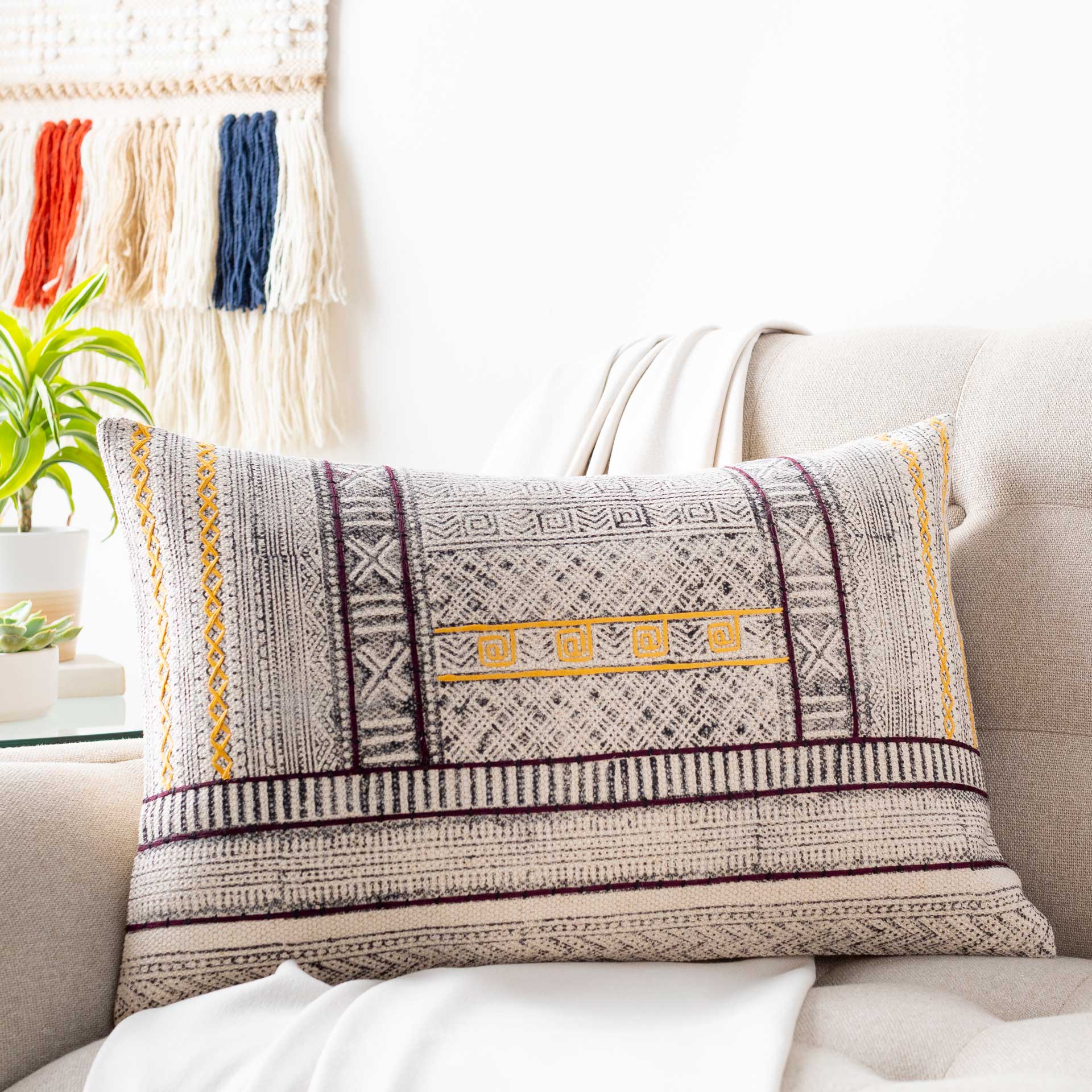 Zoey Lumbar Pillow Ivory/Burgundy/Bright Yellow - Image 3
